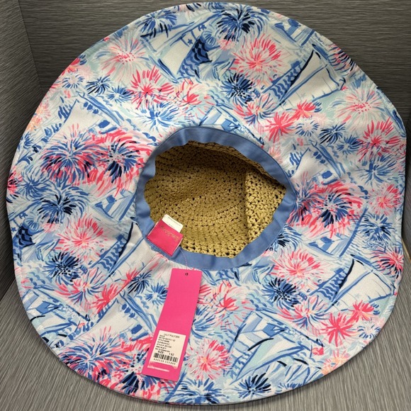 Lilly Pulitzer Straw Wide Brim Sun Hat Tropical Floral Print Pink Blue One Size - Picture 9 of 13